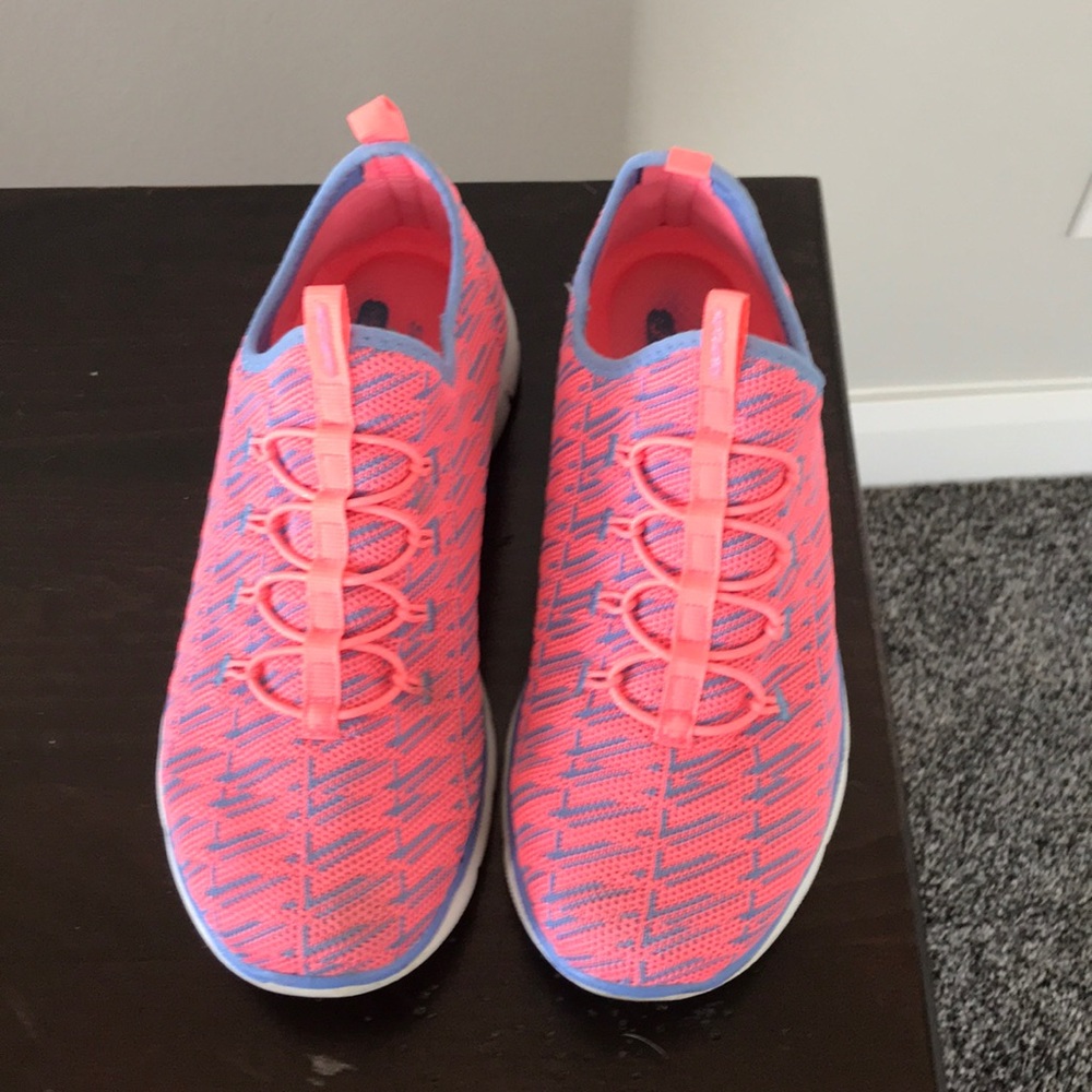 Pink and light blue sketchers memory foam